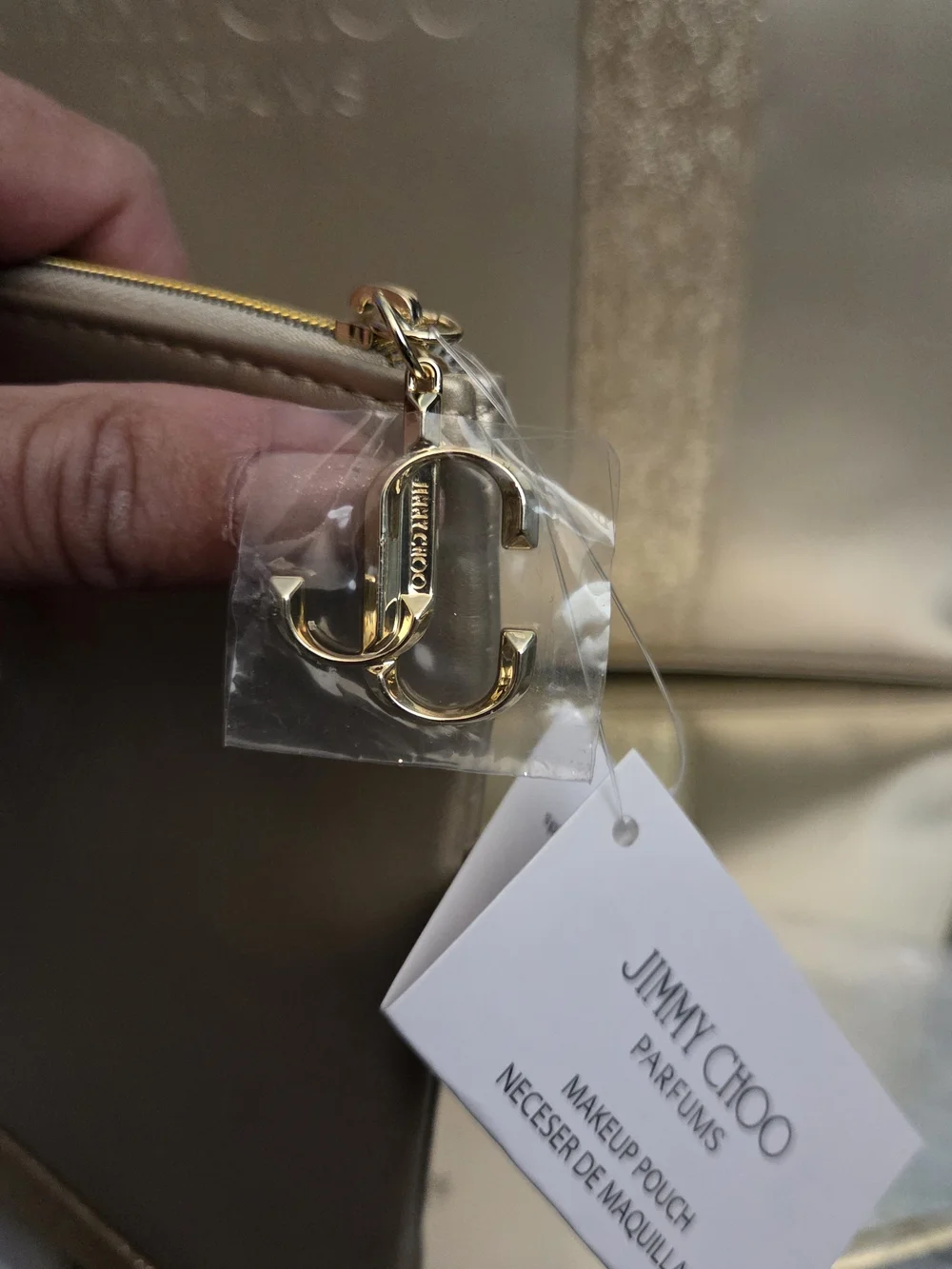 NWT Jimmy Choo Metallic Gold Tote with Glitter Strap and matching  Pouch